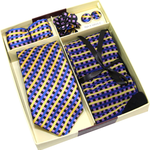 5 Pc Matching Neck Tie Sock Handkerchief Boutonniere CuffLink Mens Gift Set